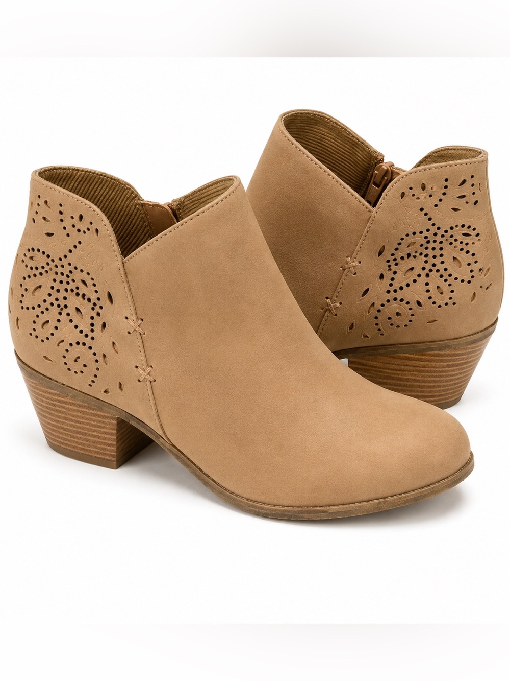 POP Tan Laser Cut Ankle Booties Block Heel | Size 9.5
